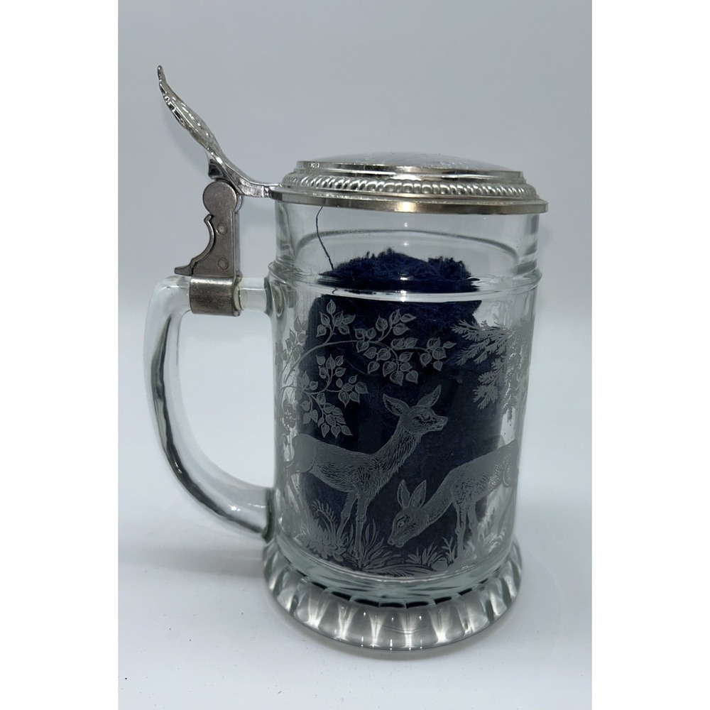Vintage West Germany Lidded Beer Stein With Etched Deer Forest Design   Hunter